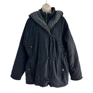 VTG 90s Andy Johns Women’s Sz M Black Fleece Hood Cinch Waist Toggle Ski Jacket